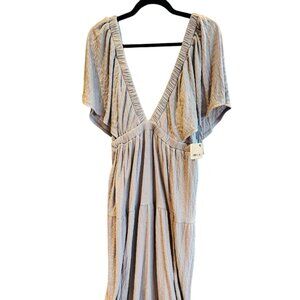Free People Gray Deep V Maxi Dress With Flutter Sleeves Size L